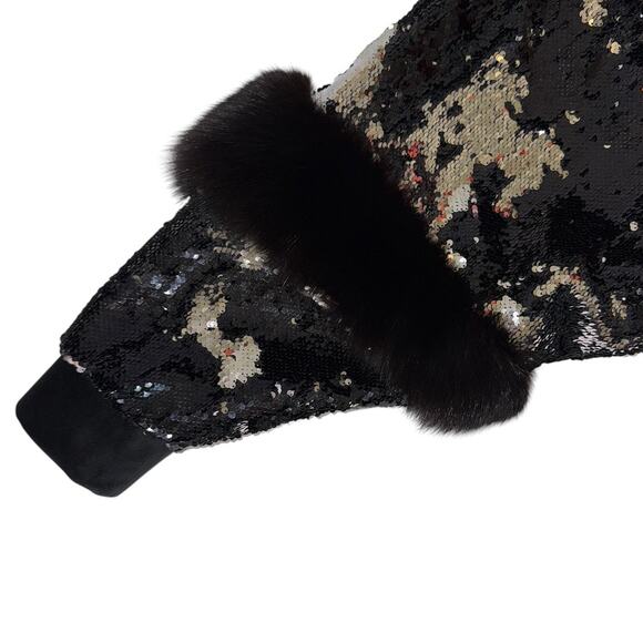 Friends With Money Black Sliver Sequin Fur Trimmed Suede Leather Cropped Jacket - Picture 6 of 11